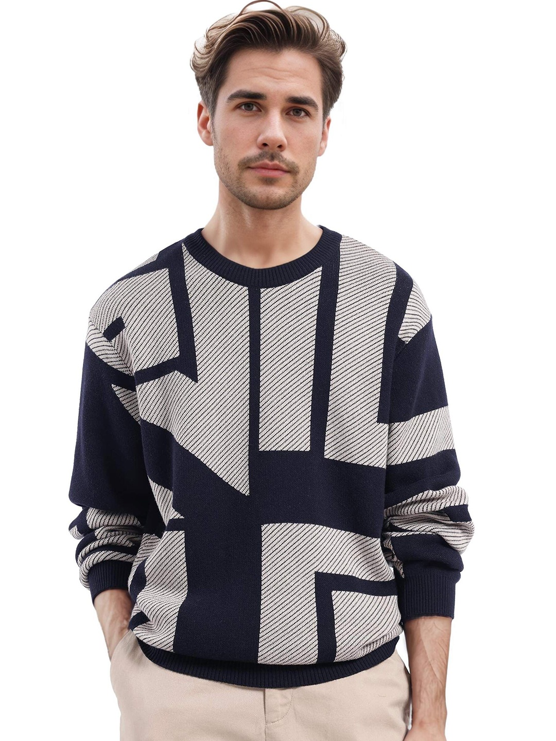 

RARE RABBIT Men Printed Pullover Sweater, Navy blue