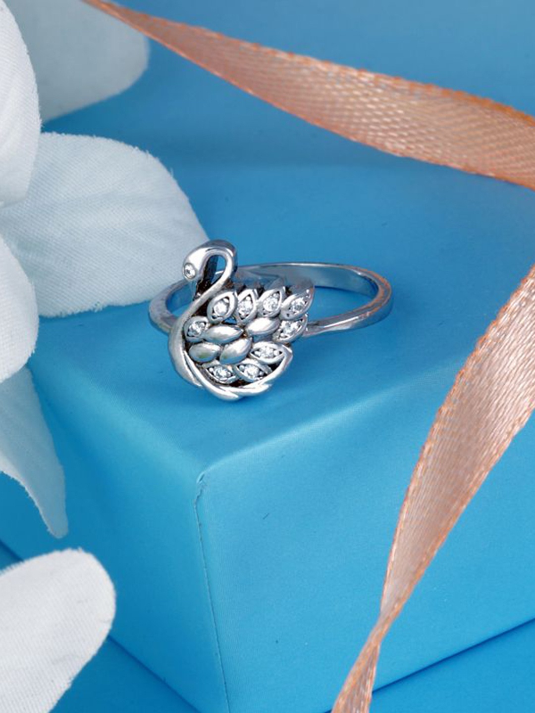 

Tuanz Silver Jewelry 925 Sterling Silver Rhodium-Plated CZ Stone-Studded Swan Finger Ring