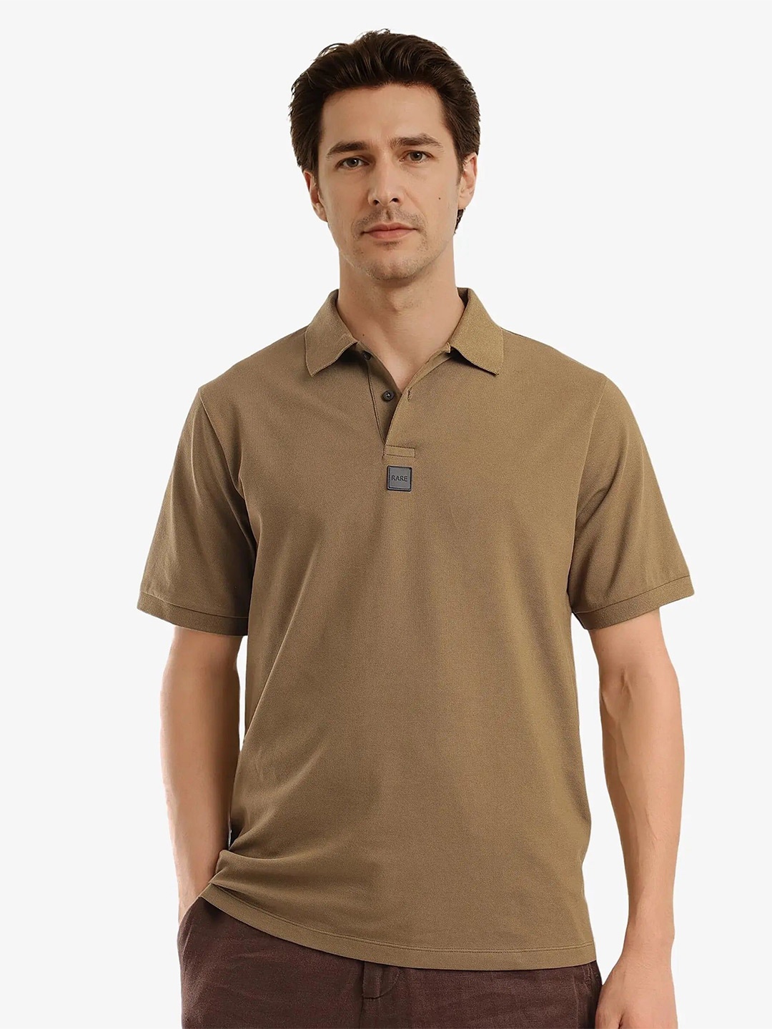 

RARE RABBIT Men Solid Polo Collar Cotton T-shirt, Brown