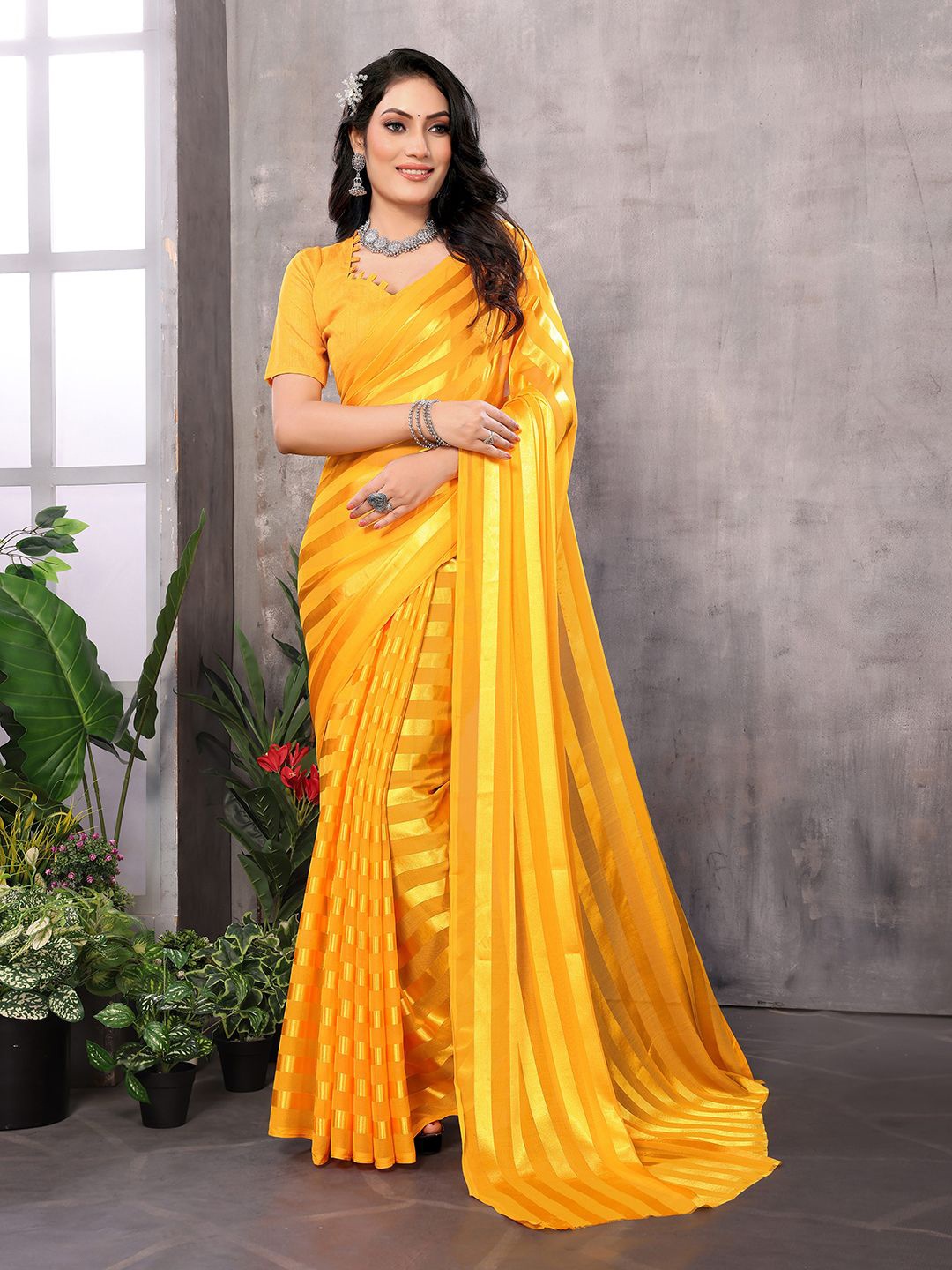 

Moda Rapido Striped Saree With Unstitched Blouse Piece, Yellow