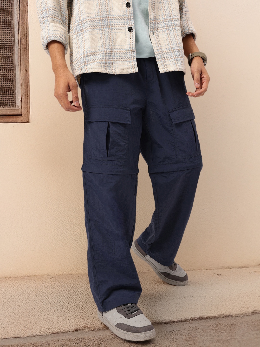

Kook N Keech Men Grunge Utility Cargo Styles Convertible Trousers, Navy blue