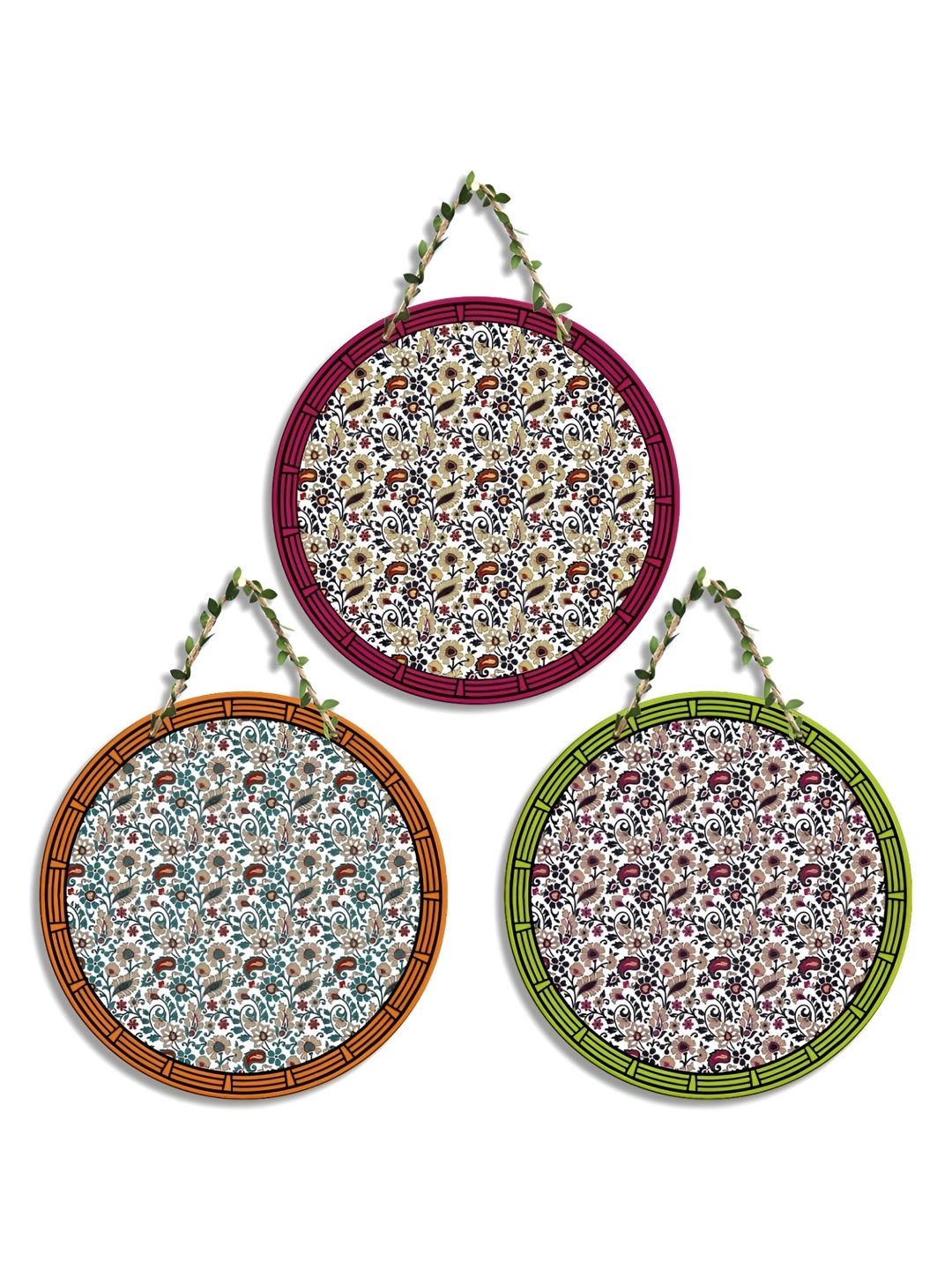 

SEHAZ ARTWORKS White & Green 3 Pieces Floral Printed Wooden Wall Hangings