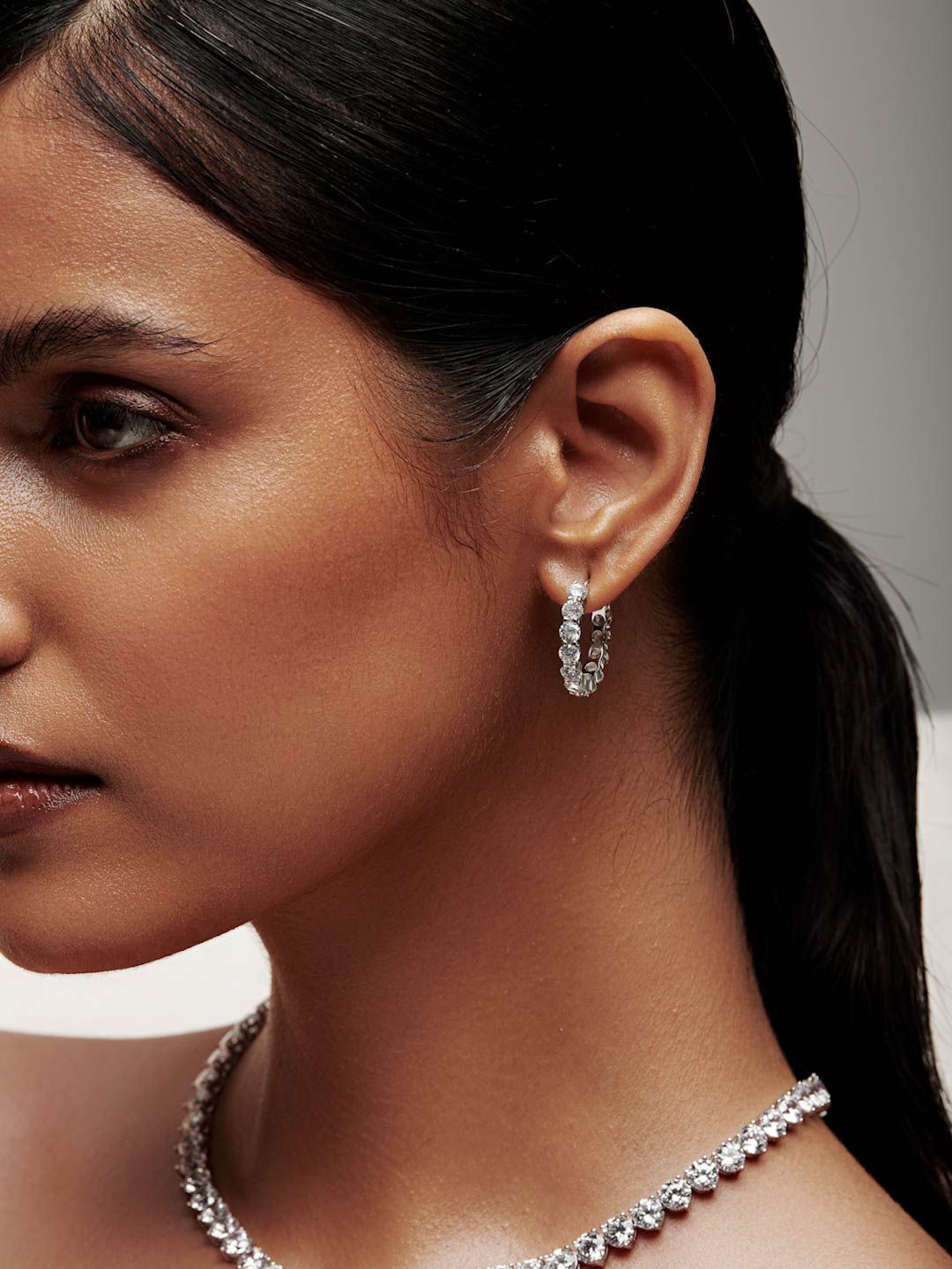

MISS JO 92.5 Sterling Silver Rhodium-Plated Solitaire CZ Studded Hoop Earrings