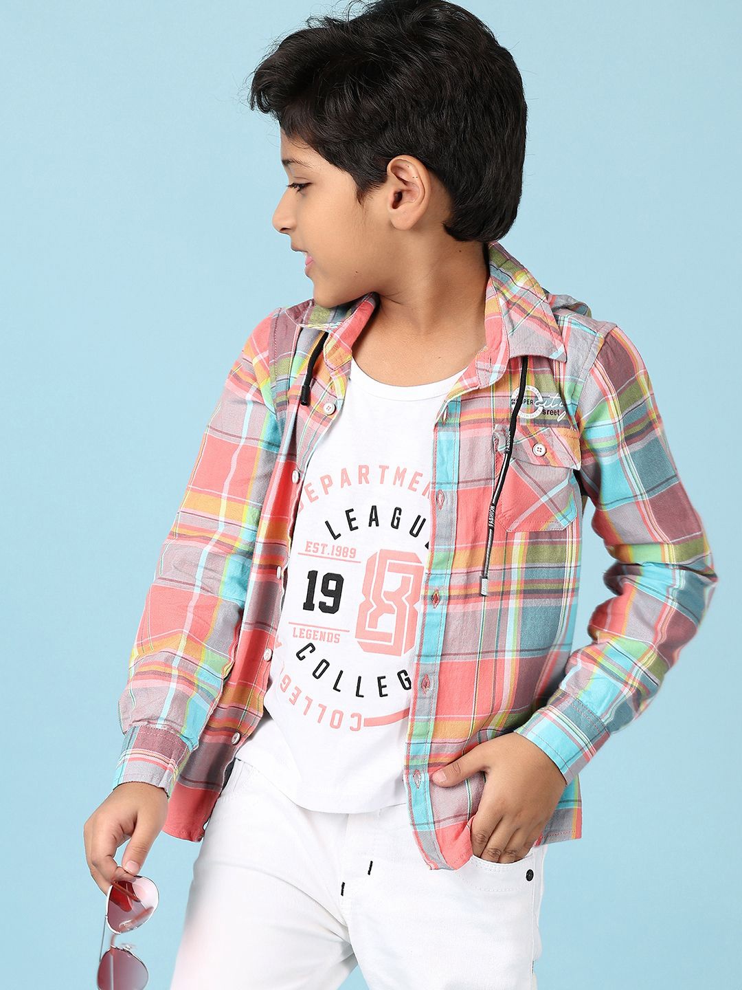 

V-Mart Boys Hood Tartan Checked Cotton Casual Shirt, Peach