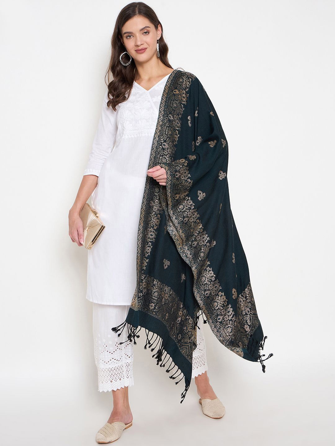 

Zigo Floral Woven Design Zari Woollen Shawl, Teal