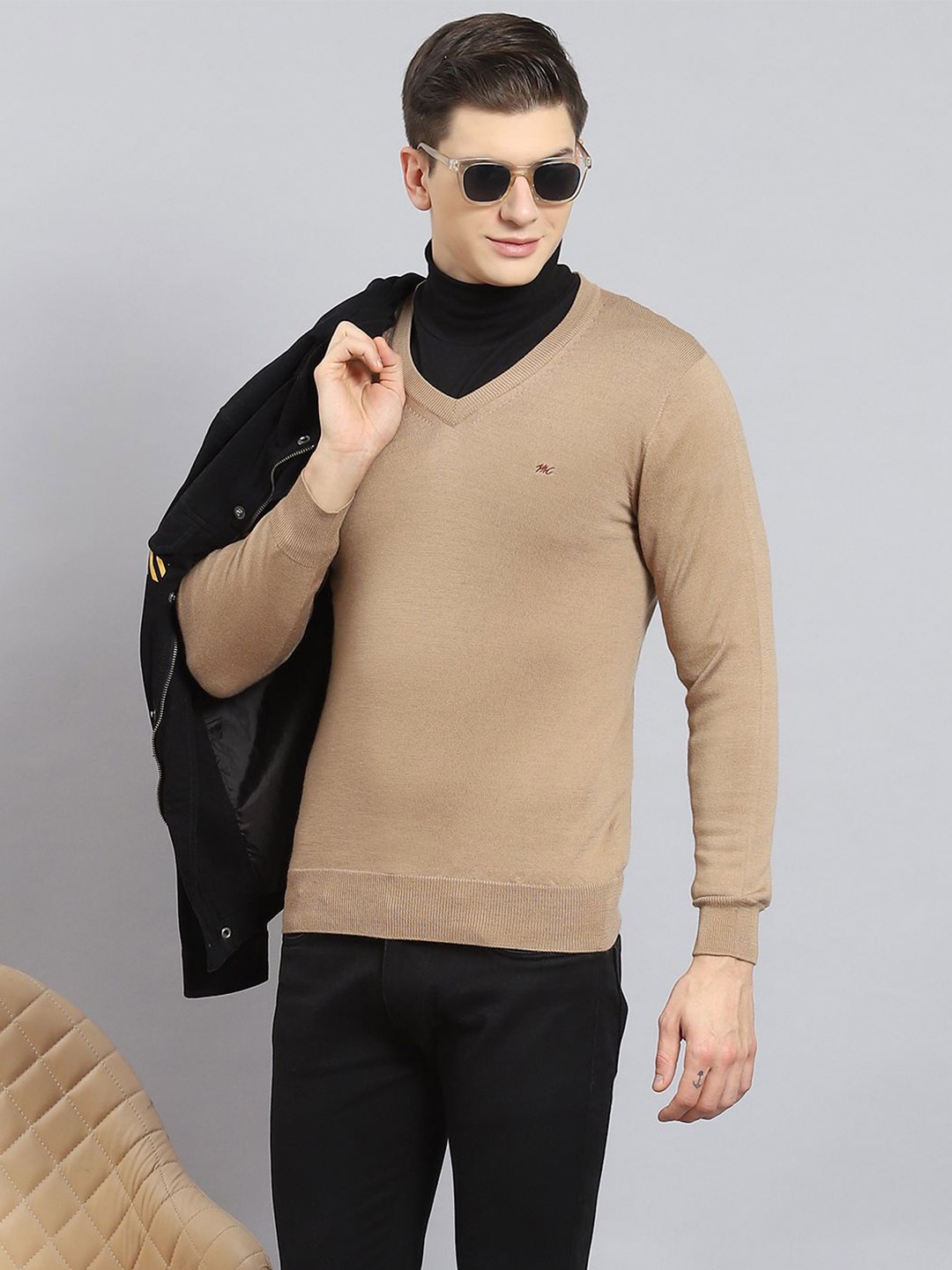 

Monte Carlo Men Solid Woollen Pullover, Khaki