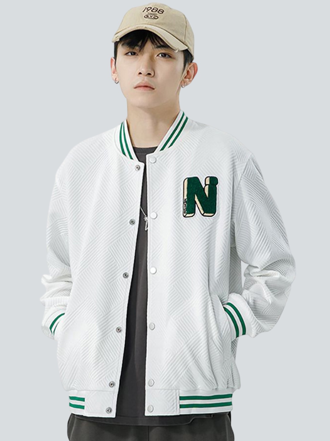 

StyleCast x Revolte Men Stand Collar Self Design Casual Bomber Jacket, White
