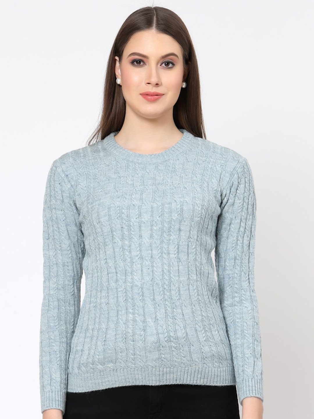 

Kalt Women Self Design Ribbed Pullover Sweater, Blue