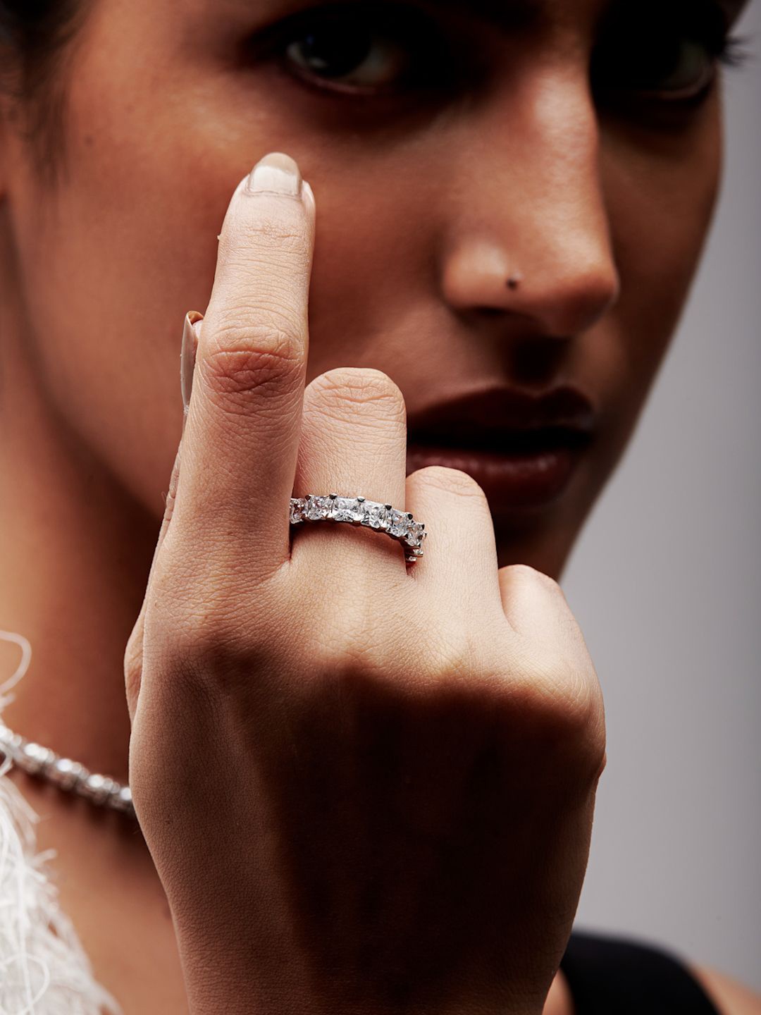 

MISS JO 925 Sterling Silver Rhodium-Plated CZ Stone-Studded Finger Ring