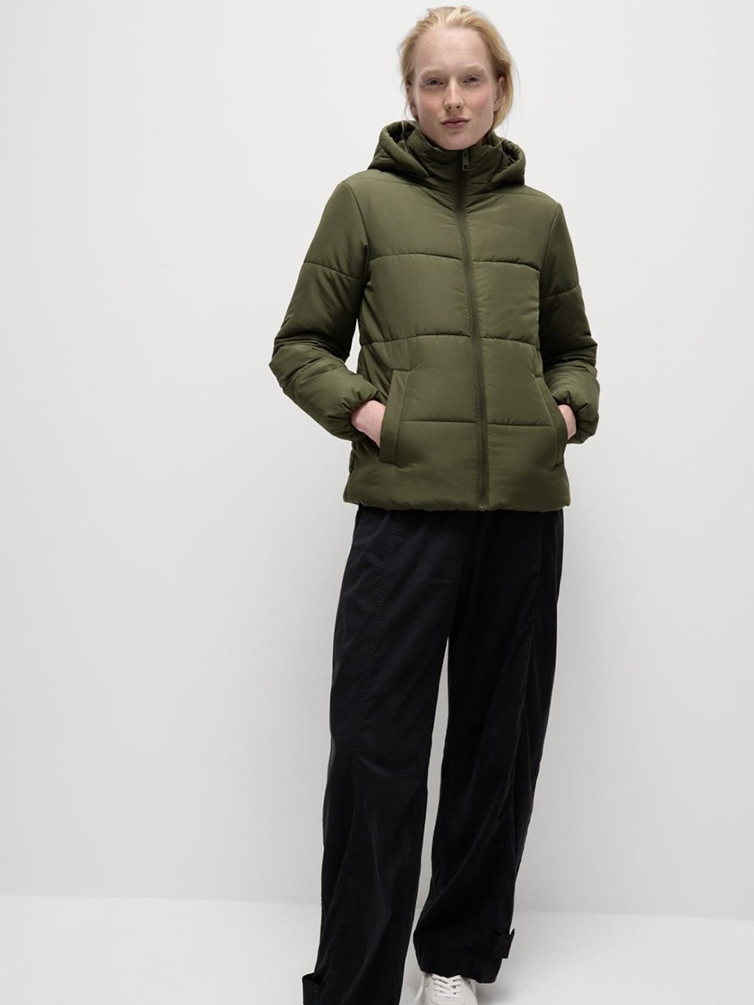 

Marks & Spencer Women Mock Collar Solid Casual Puffer Jacket, Olive