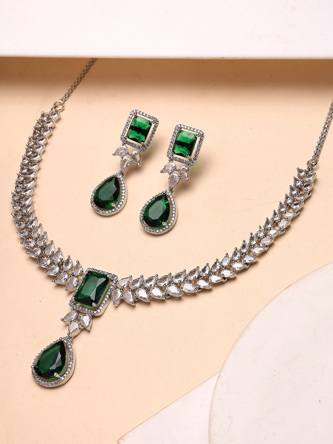 

KARATCART Silver-Plated Elegant AD Stone-Studded Jewellery Set