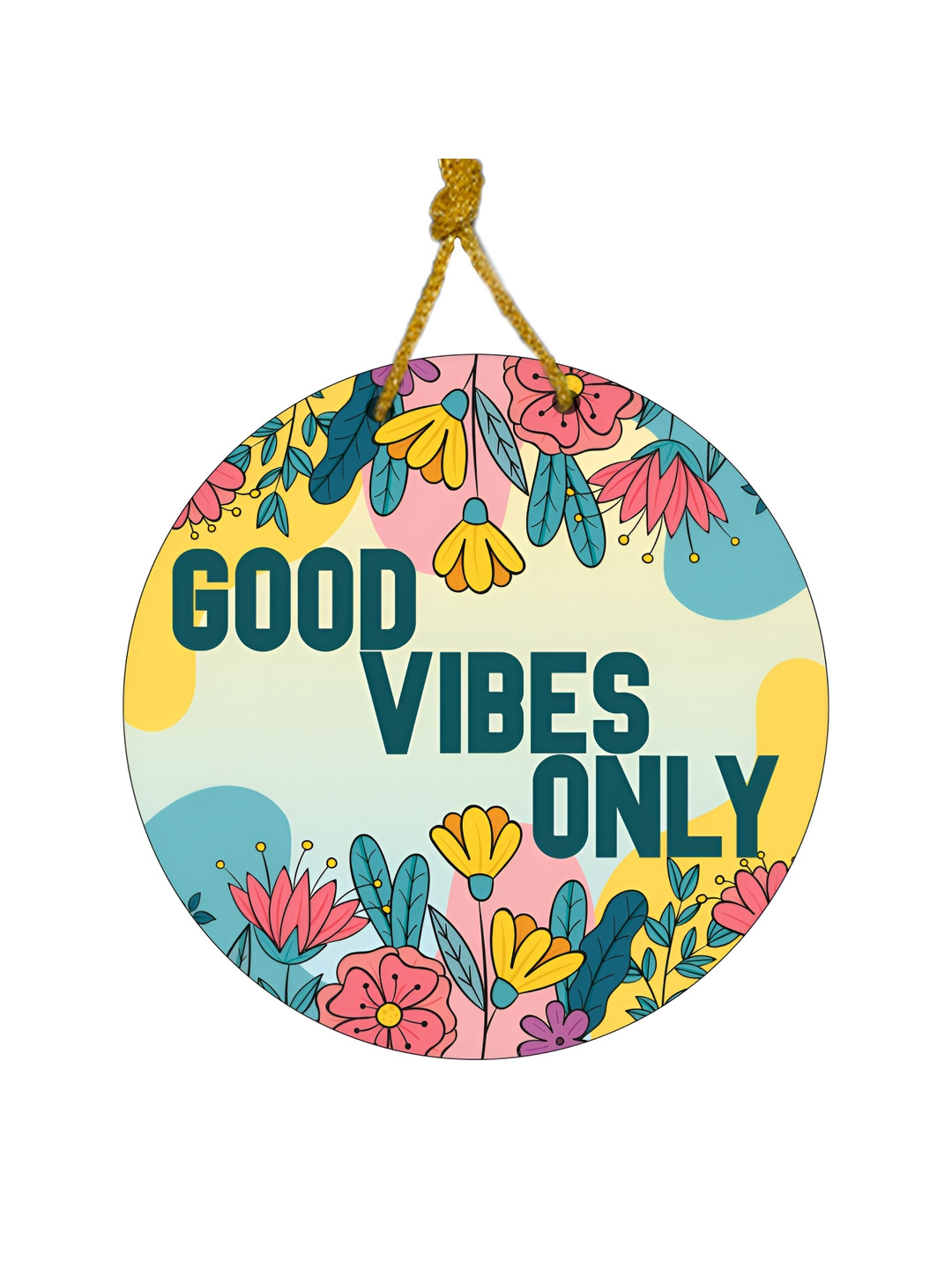 

SEHAZ ARTWORKS Yellow & Blue Colorful Good Vibes Printed Wooden Wall Hangning