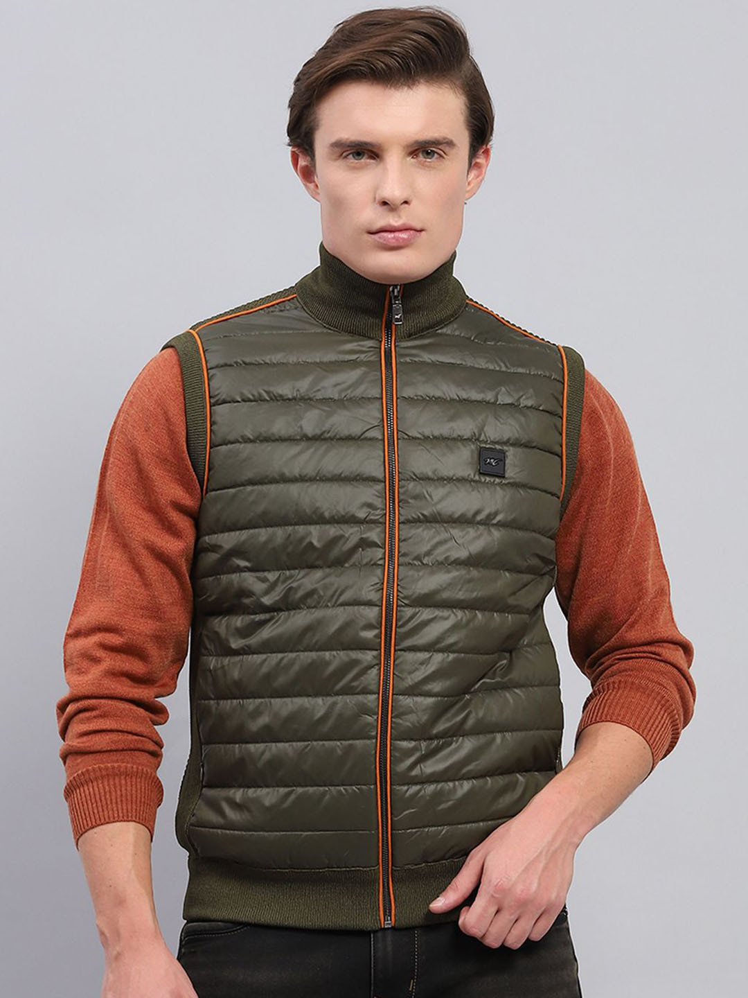 

Monte Carlo Men Mock Collar Solid Wool Casual Padded Jacket, Green