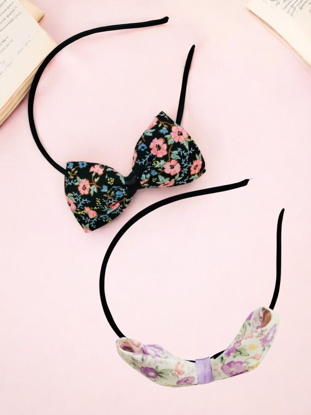 

9blings Girls Set of 2 Floral Printed Bow Hairbands, Black