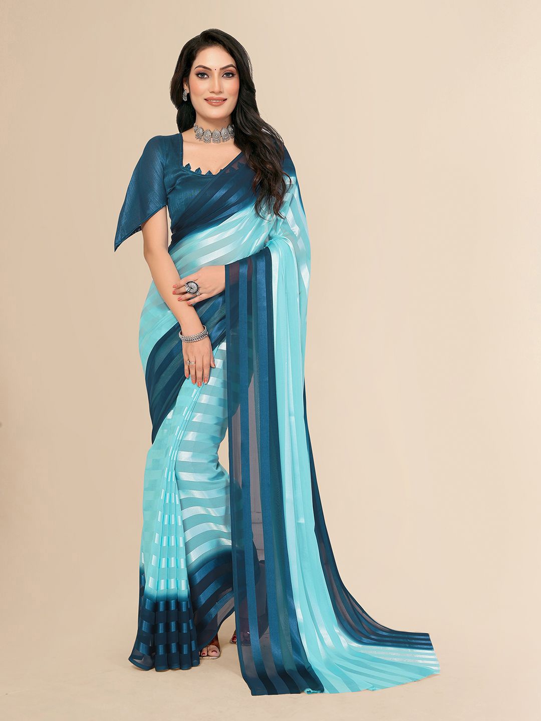 

Moda Rapido Striped Satin Saree with Blouse Piece, Blue