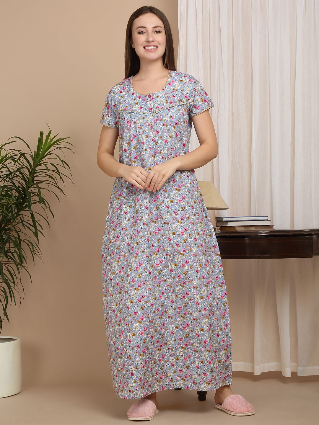 

Sweet Dreams Women Pure Cotton Floral Printed Maxi Nightdress, Blue