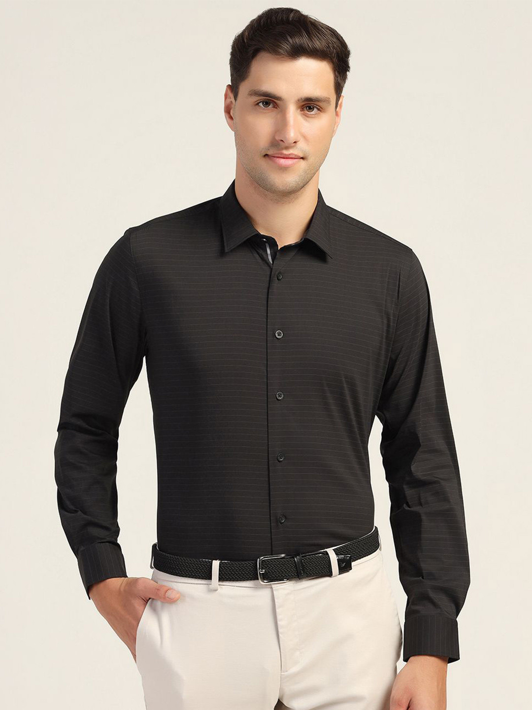 

Blackberrys Men India Slim Spread Collar Horizontal Striped Cotton Slim Fit Formal Shirt, Black