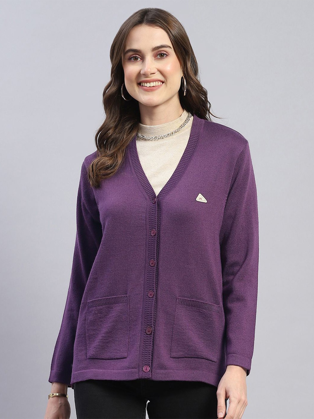 

Monte Carlo Women Solid V Neck Cardigan, Purple