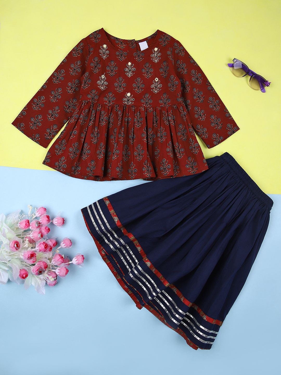 

V-Mart Kids Floral Printed Round Neck Long Sleeves Pure Cotton Tunic With Skirt, Maroon