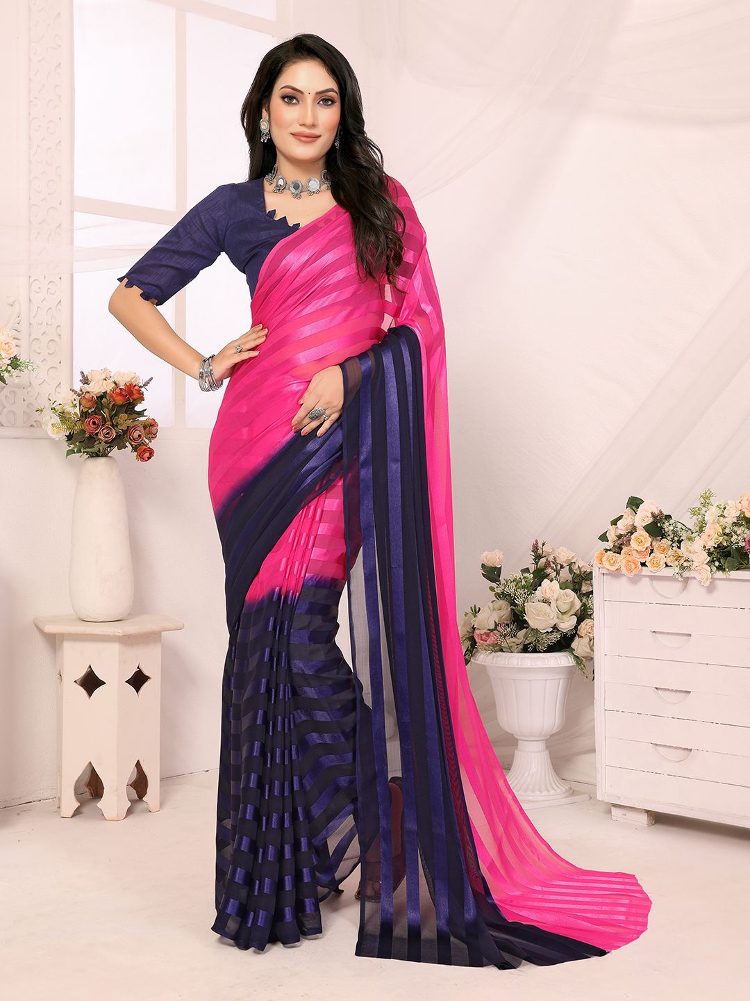 

Moda Rapido Striped Satin Saree, Pink