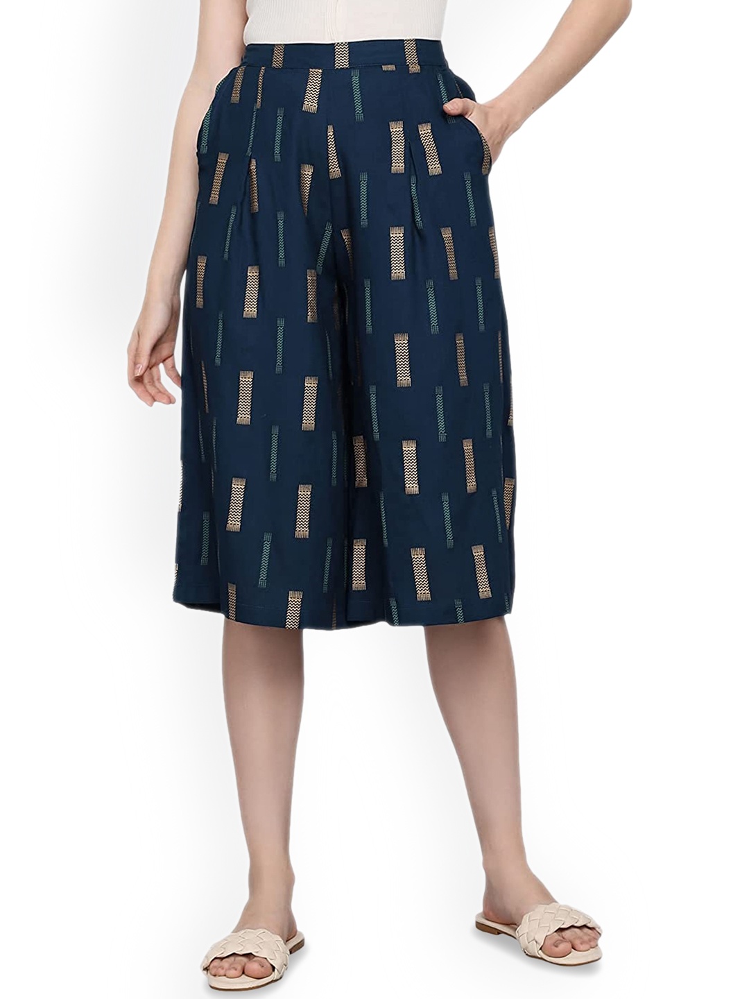 

Anouk Women Mid-Rise Printed Comfort Culottes Trousers, Blue