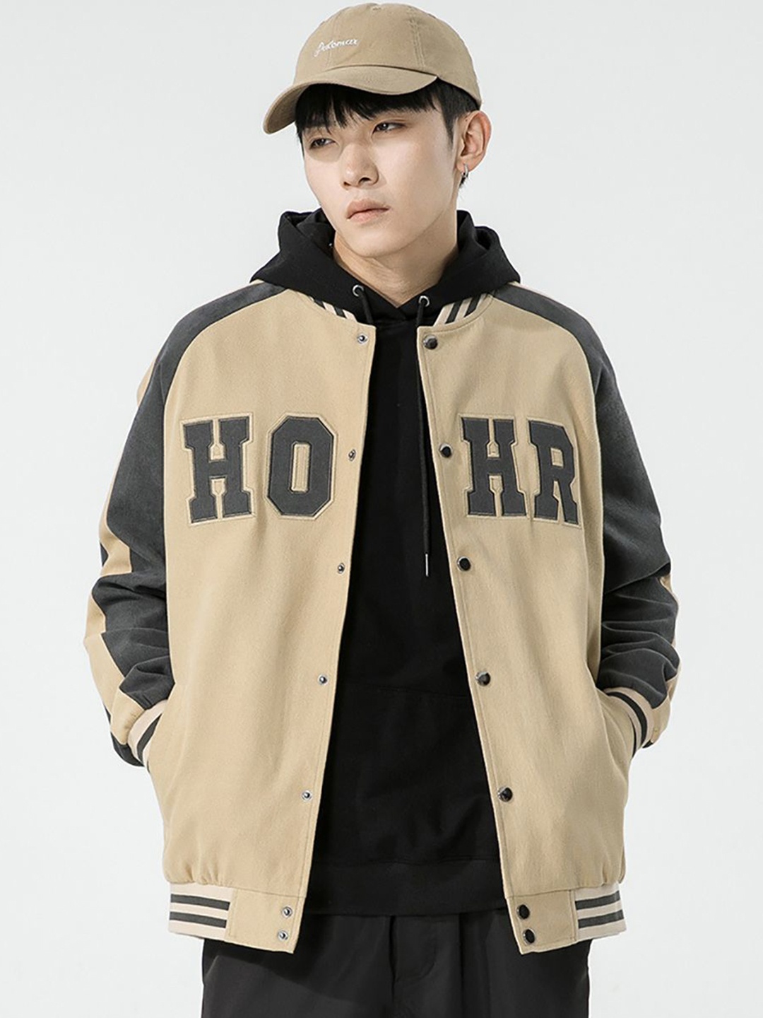 

StyleCast x Revolte Men Hooded Typography Printed Casual Bomber Jacket, Beige