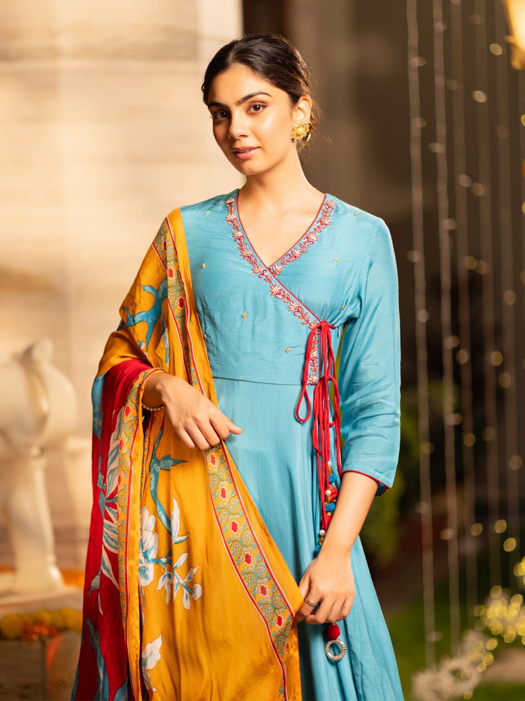 

Ambraee Thread Work Angrakha Anarkali Kurta With Palazzo & Dupatta, Blue