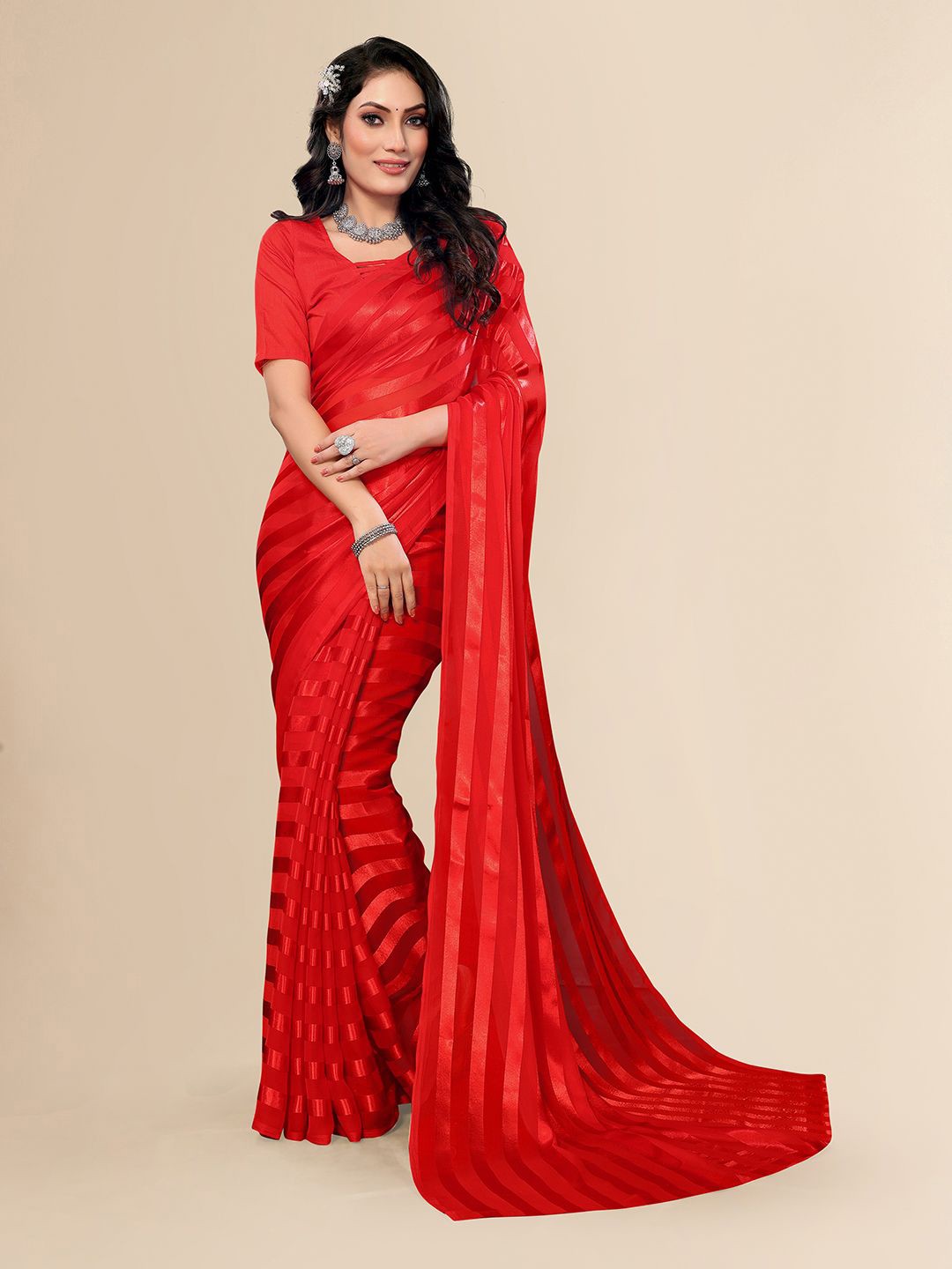 

Moda Rapido Striped Printed Satin Saree With Unstitched Blouse Piece, Red