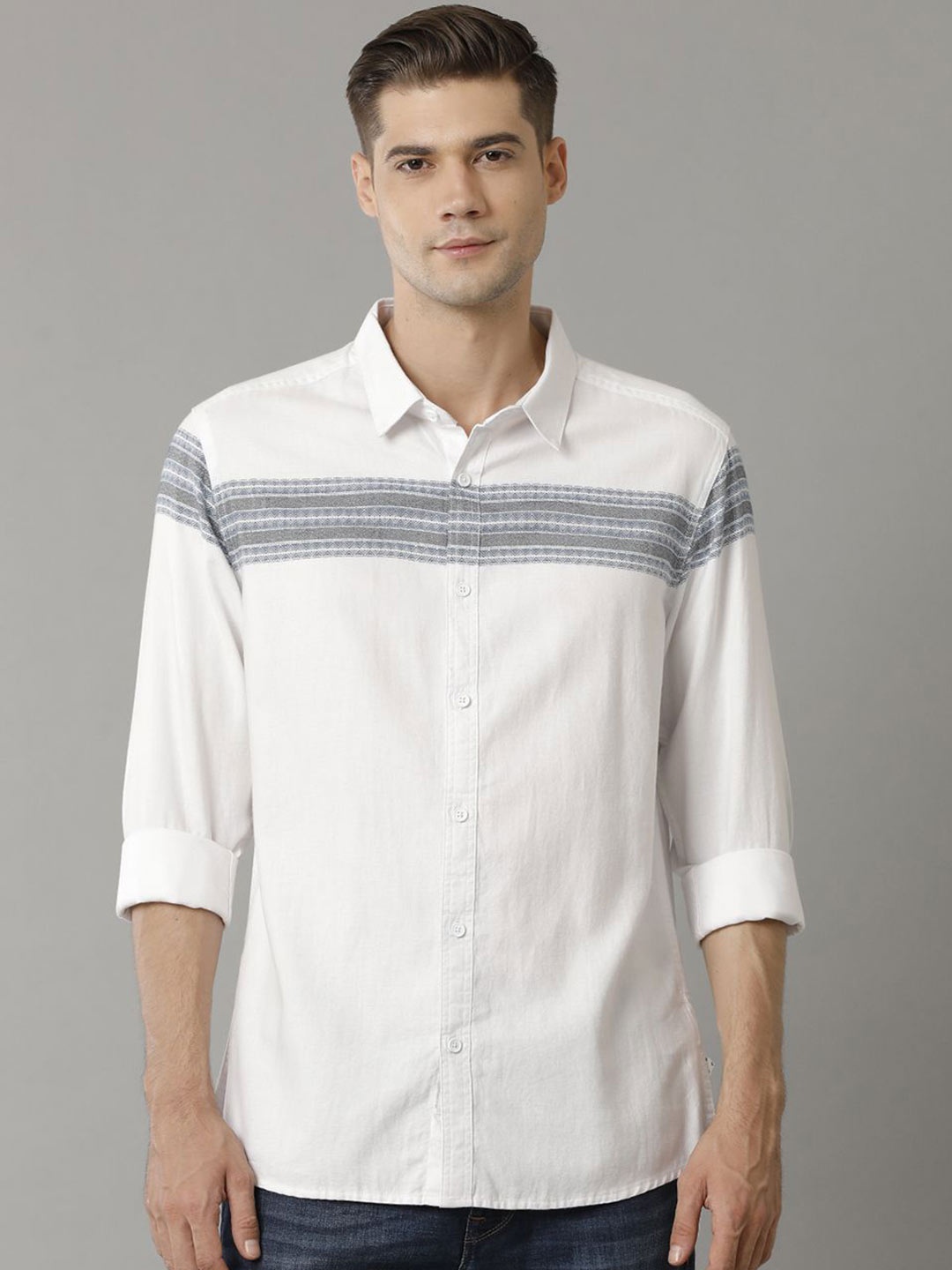 

Voi Jeans Men Classic Spread Collar Horizontal Striped Cotton Slim Fit Casual Shirt, White