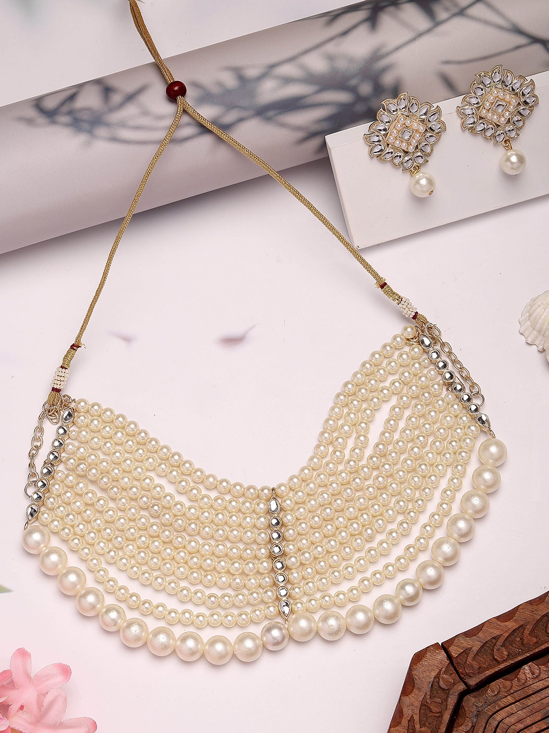 

KARATCART Gold-Plated Pearl Beaded Choker Jewellery Set, White