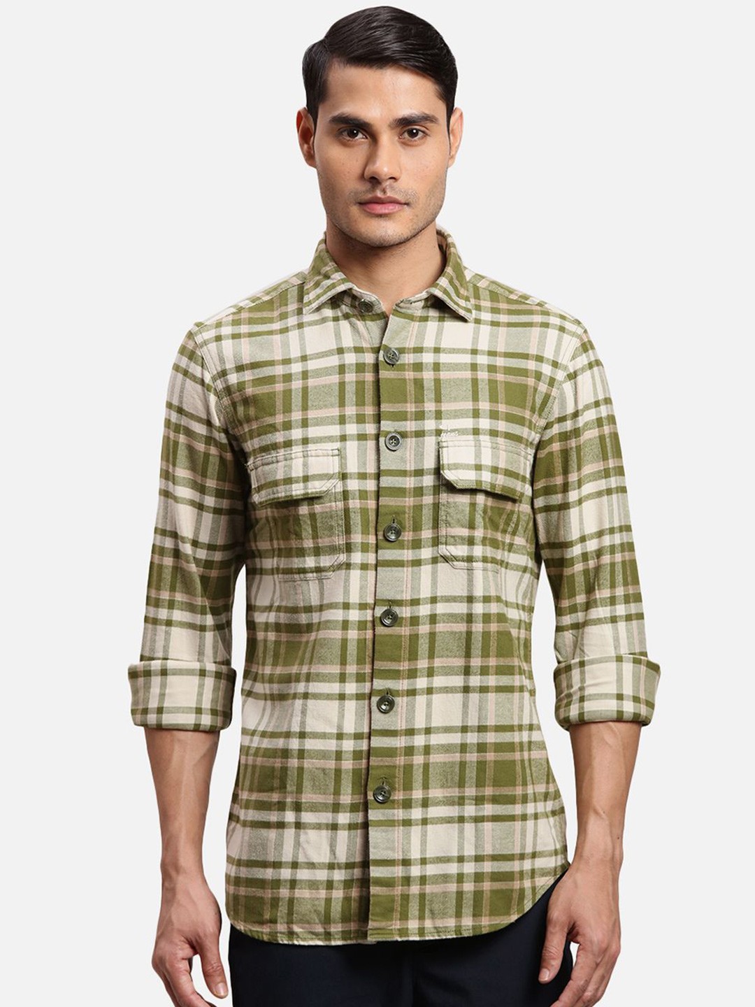 

ColorPlus Men Spread Collar Tartan Checked Cotton Casual Shirt, Green