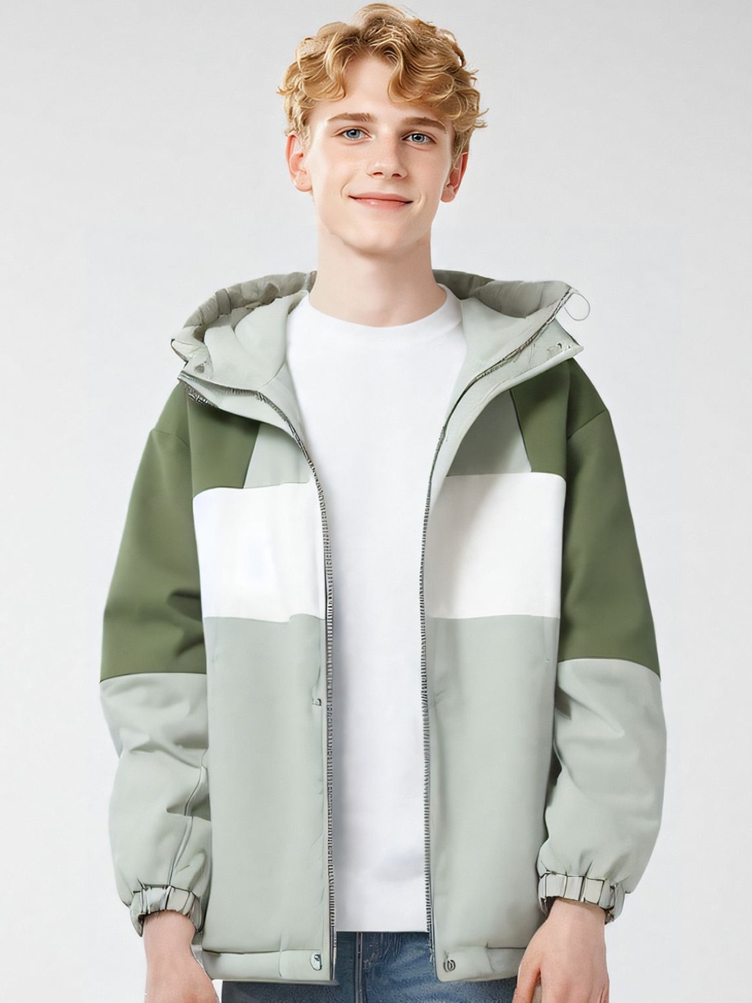 

StyleCast x Revolte Men Hooded Colourblocked Casual Bomber Jacket, Green