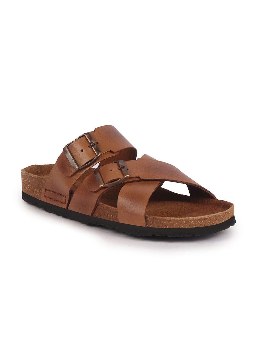 

FAUSTO Men Leather Buckle Comfort Sandals, Tan