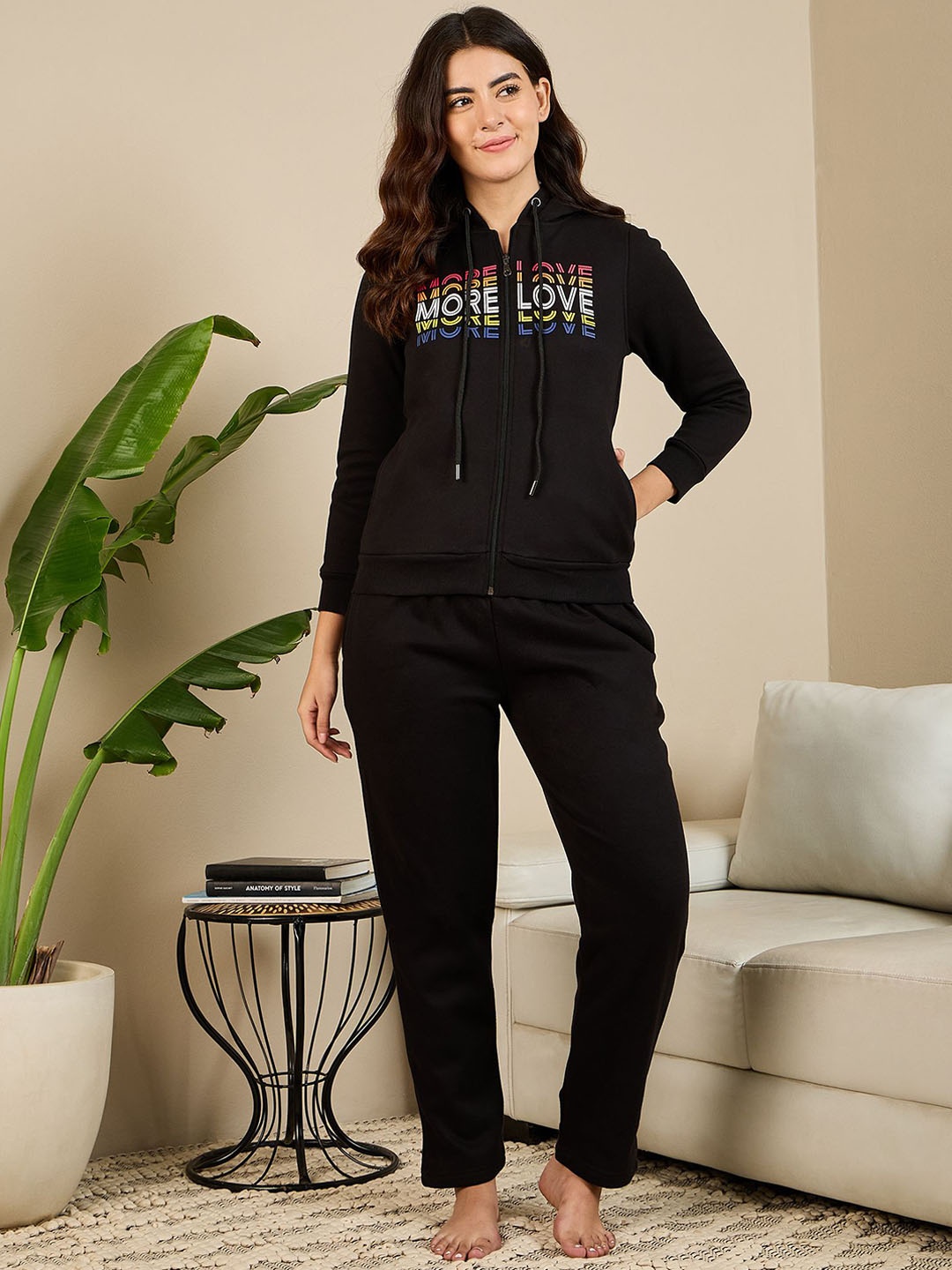 

July Printed Sweatshirt & Trousers Night Suits, Black