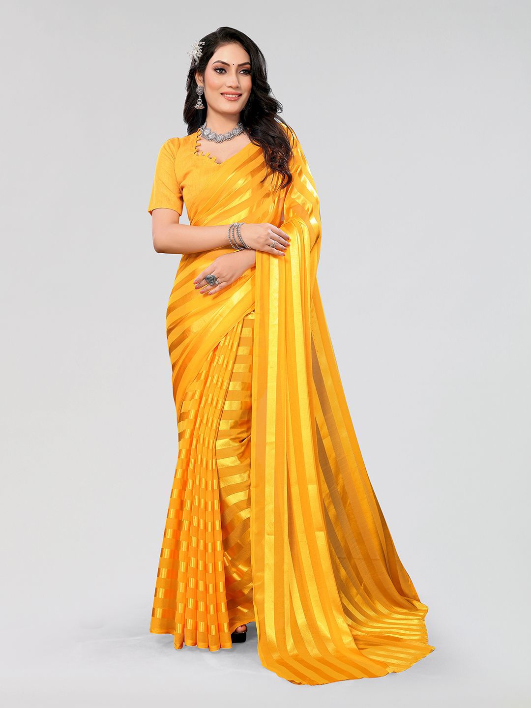 

Moda Rapido Striped Satin Saree, Yellow