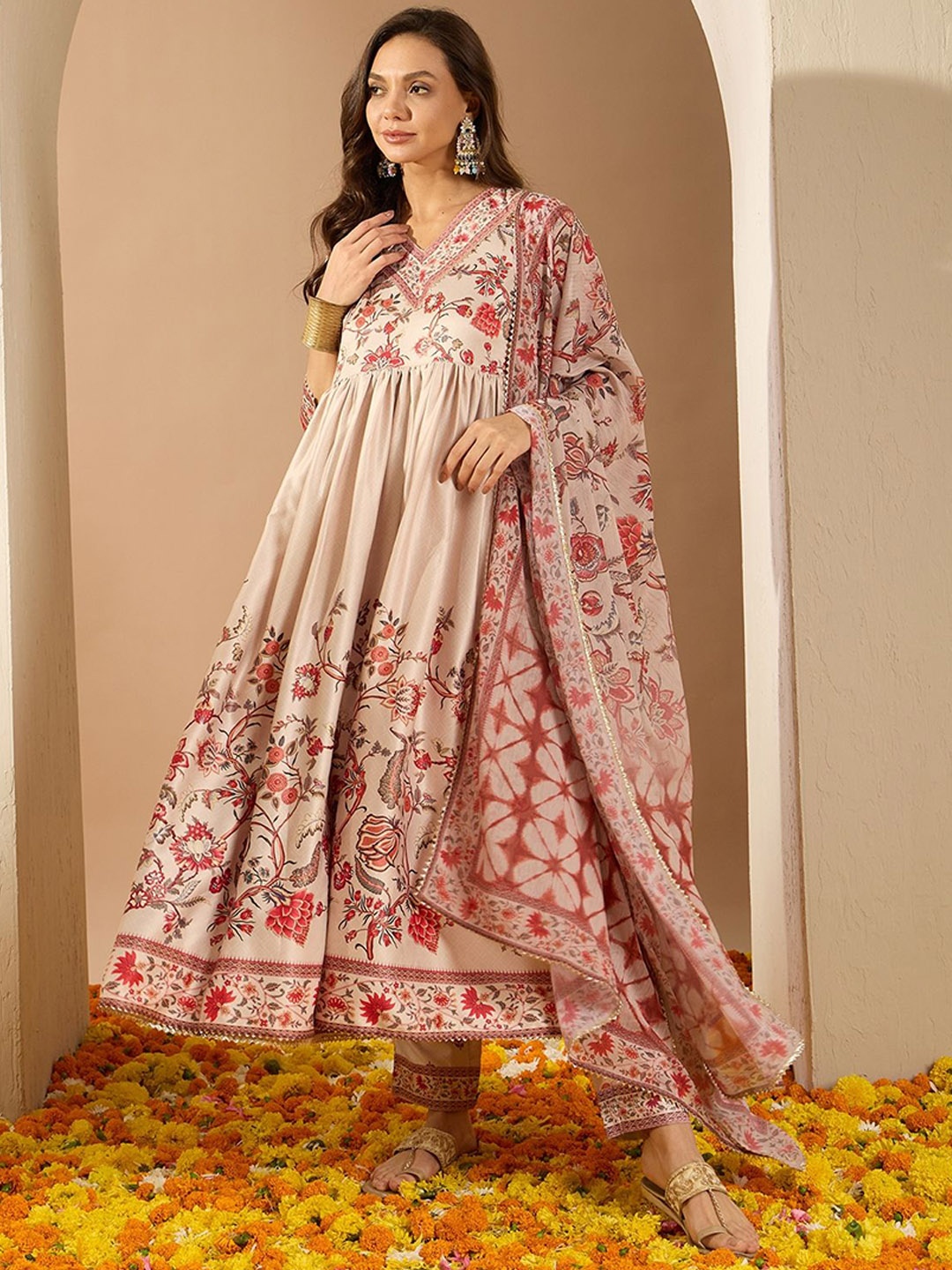 

ZIYAA Cream Floral Printed V-Neck Empire Anarkali Kurta With Palazzo With Dupatta