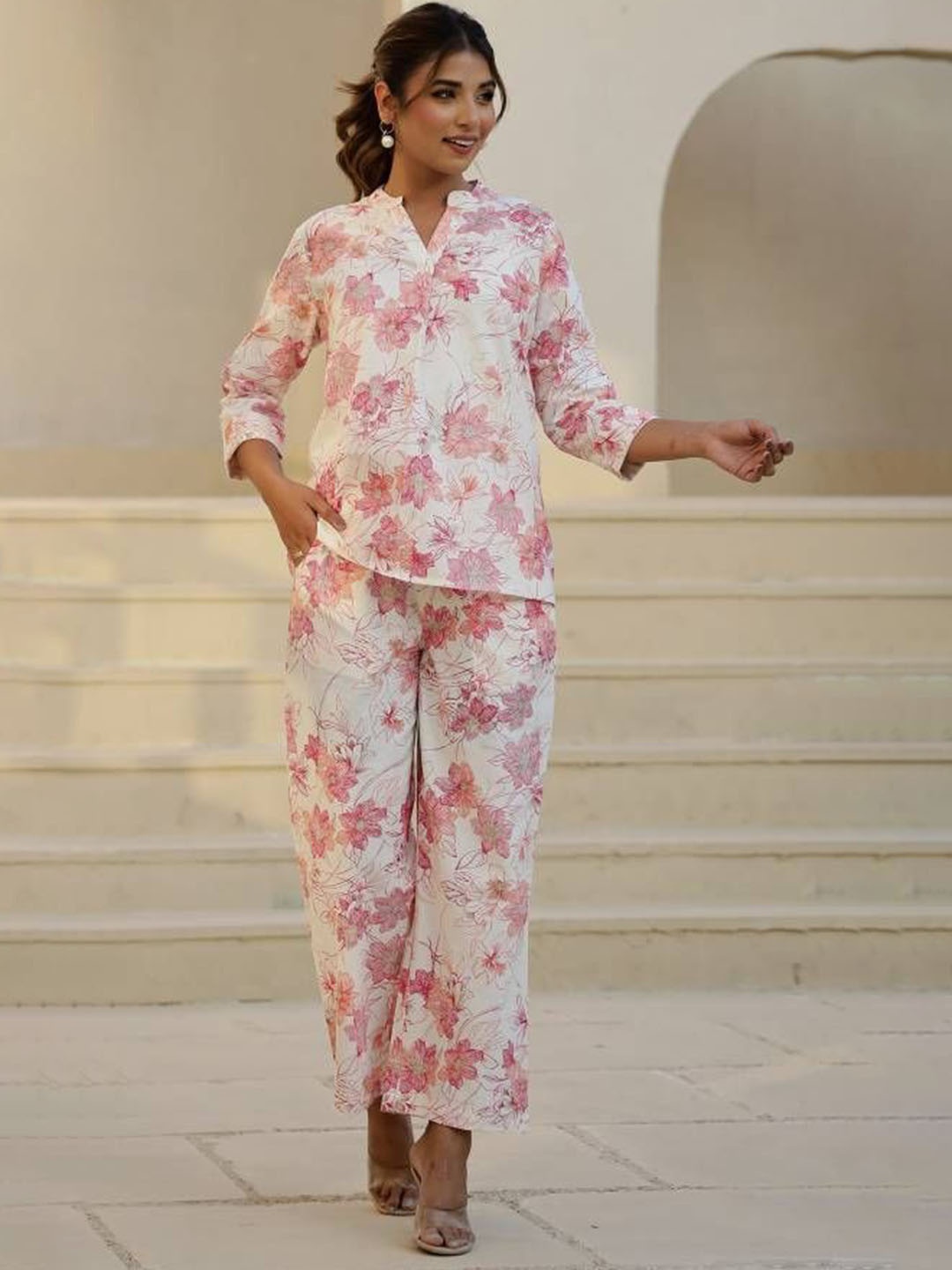 

FLAVIA CREATION Printed Pure Cotton Top With Trousers, White