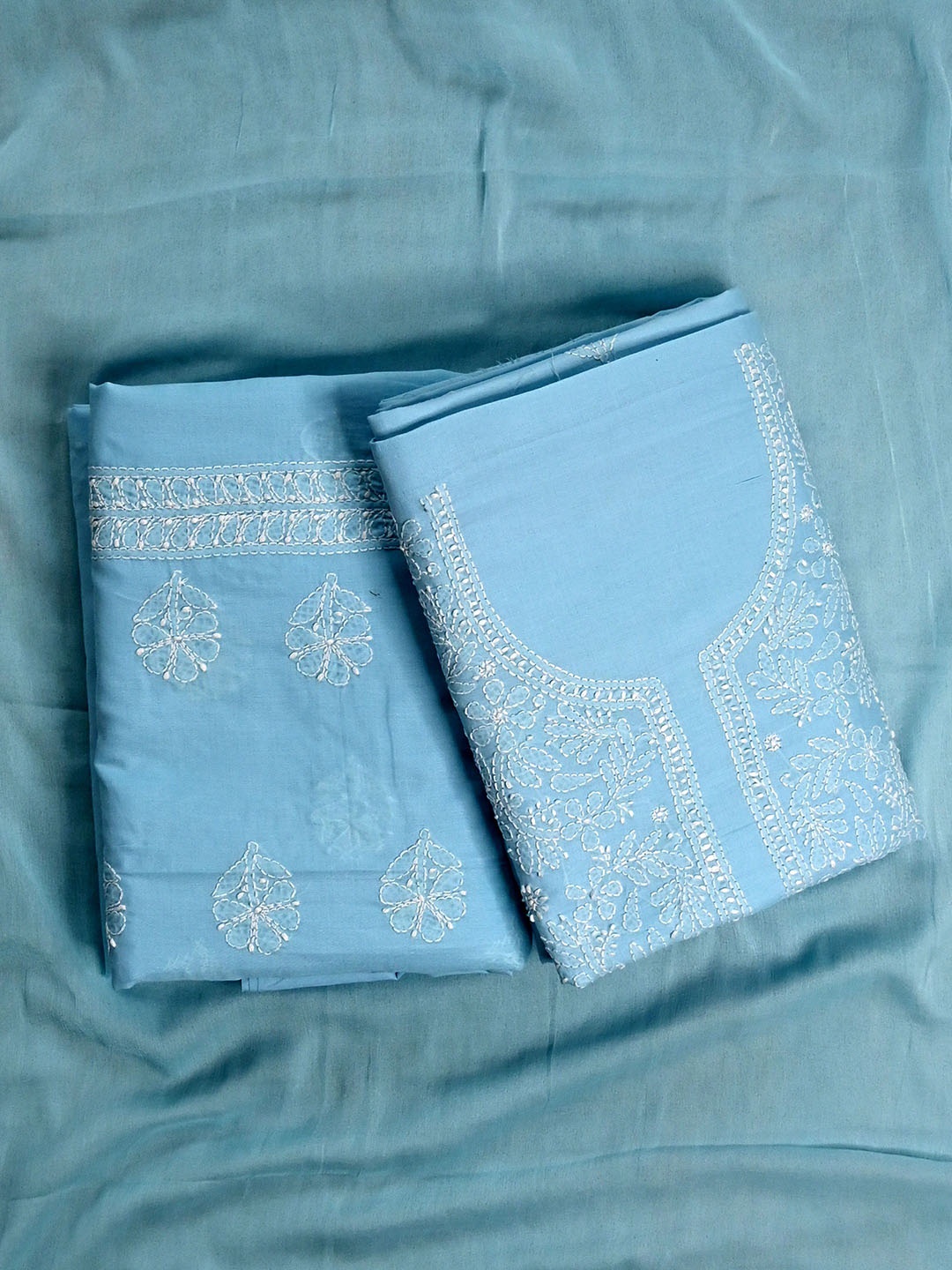 

Seva Chikan Floral Lucknowi Chikankari Embroidered Unstitched Dress Material, Blue