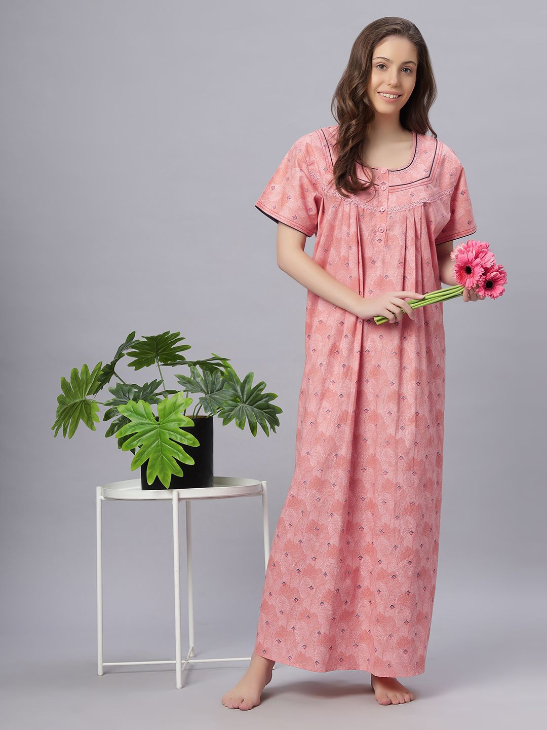 

QUIRA Women Printed Round Neck Maxi Nightdress, Peach