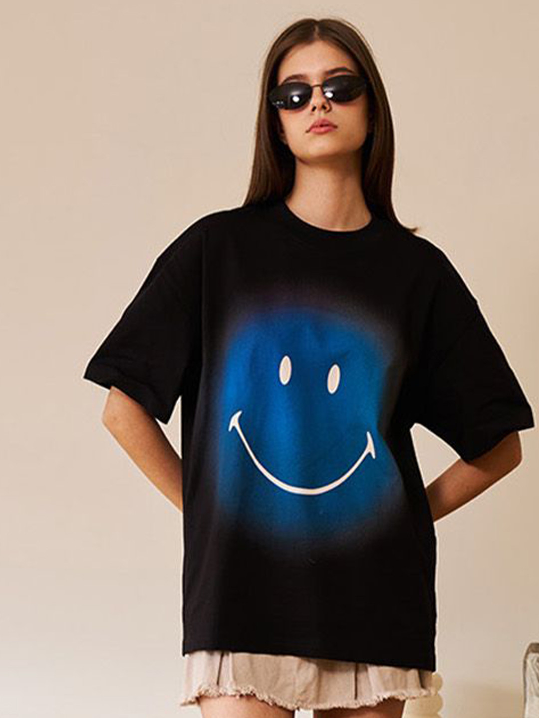 

Bonkers Corner Women Graphic Printed Round Neck Cotton Oversized T-shirt, Black
