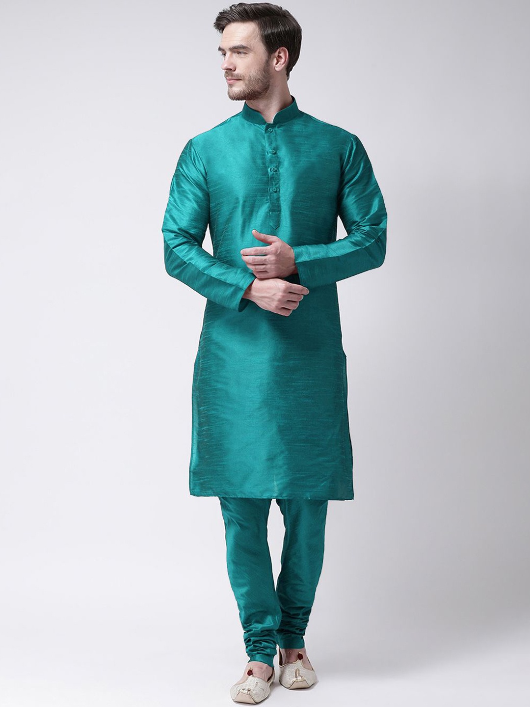 

SG LEMAN Mandarin Collar Pure Silk Straight Kurta With Churidar, Green