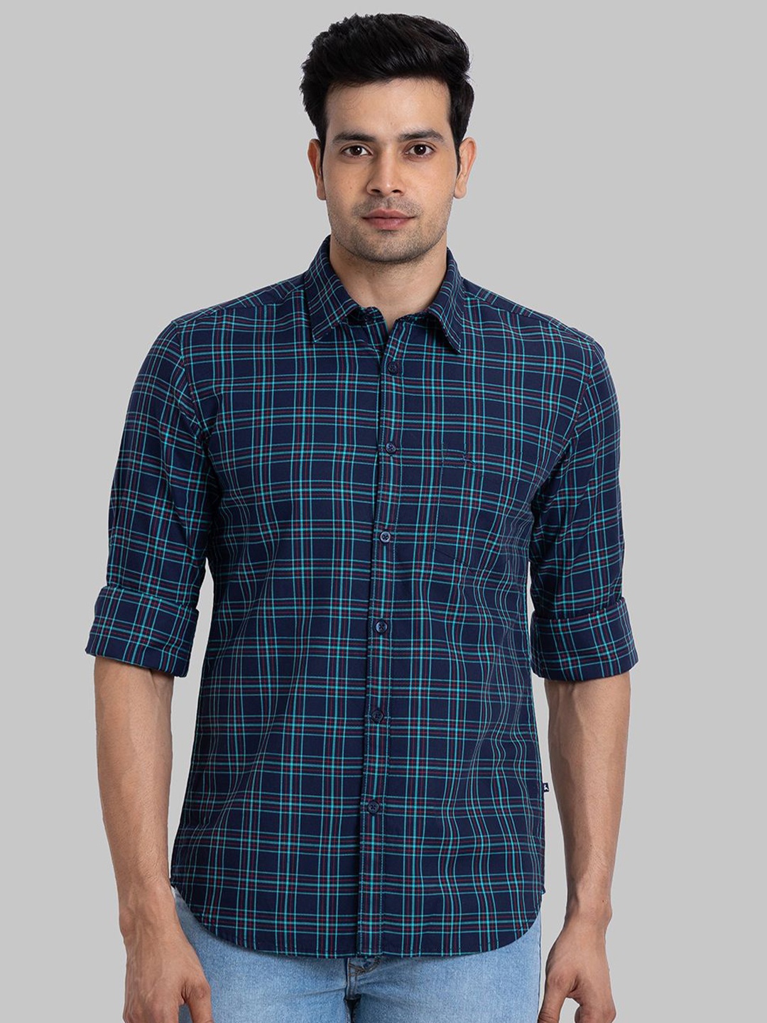 

Parx Men Spread Collar Tartan Checked Cotton Slim Fit Casual Shirt, Blue