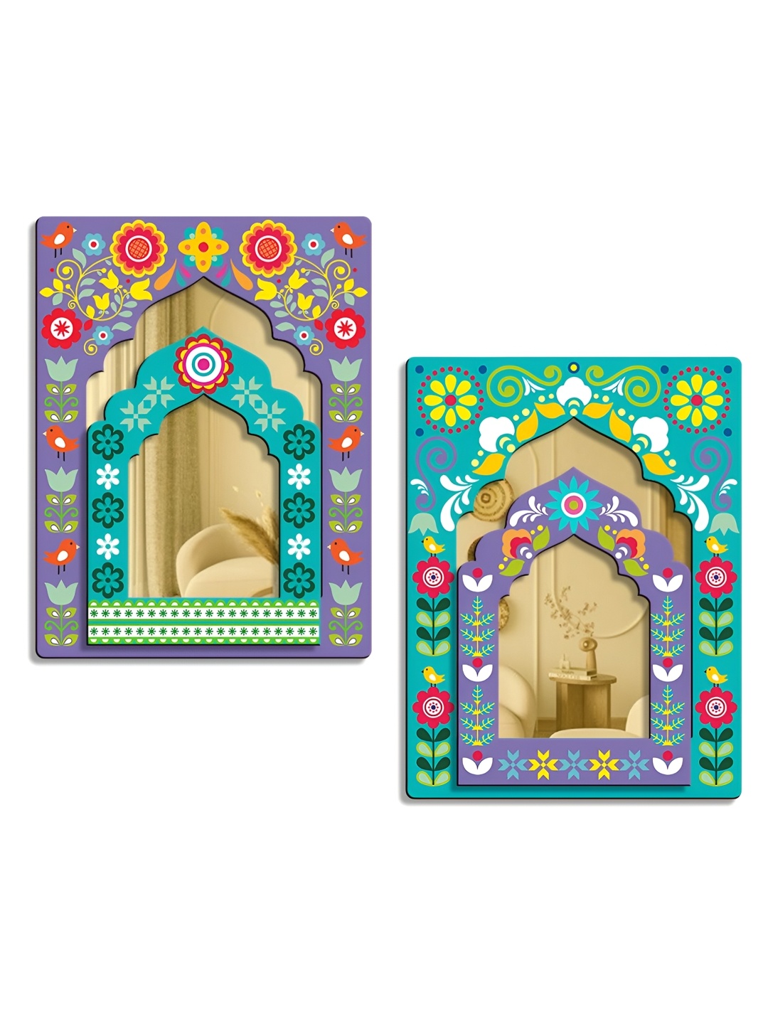 

SEHAZ ARTWORKS Green & Purple 2 Pieces Wooden Printed Jharokha Wall Hangings