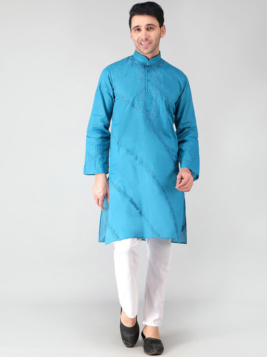 

Seva Chikan Mandarin Collar Ethnic Motifs Embroidered Chikankari Cotton Kurta, Blue