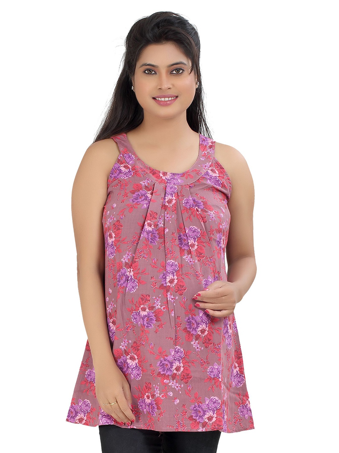 

Uzazi Women Floral Printed Pure Cotton Maternity Sleeveless Top, Red