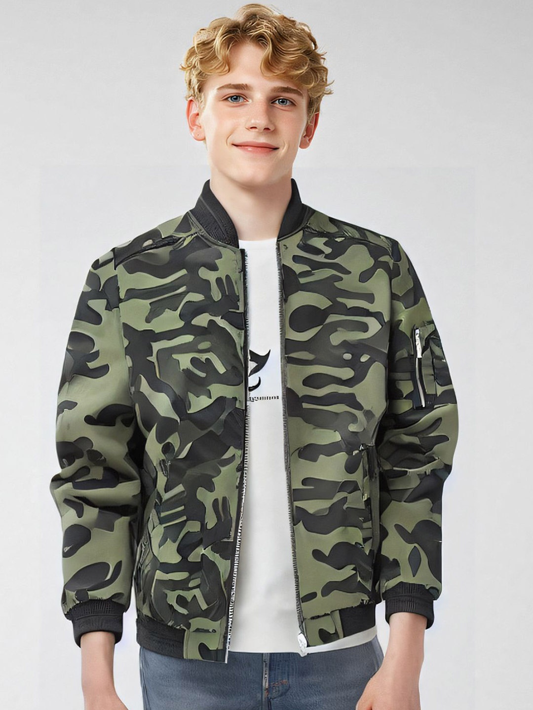

StyleCast x Revolte Men Stand Collar Camouflage Printed Casual Bomber Jacket, Green