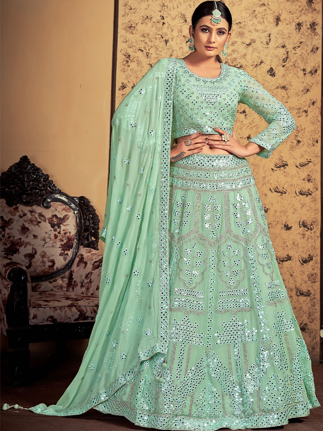 

VANAKARA Embellished Ready to Wear Lehenga & Blouse With Dupatta, Sea green