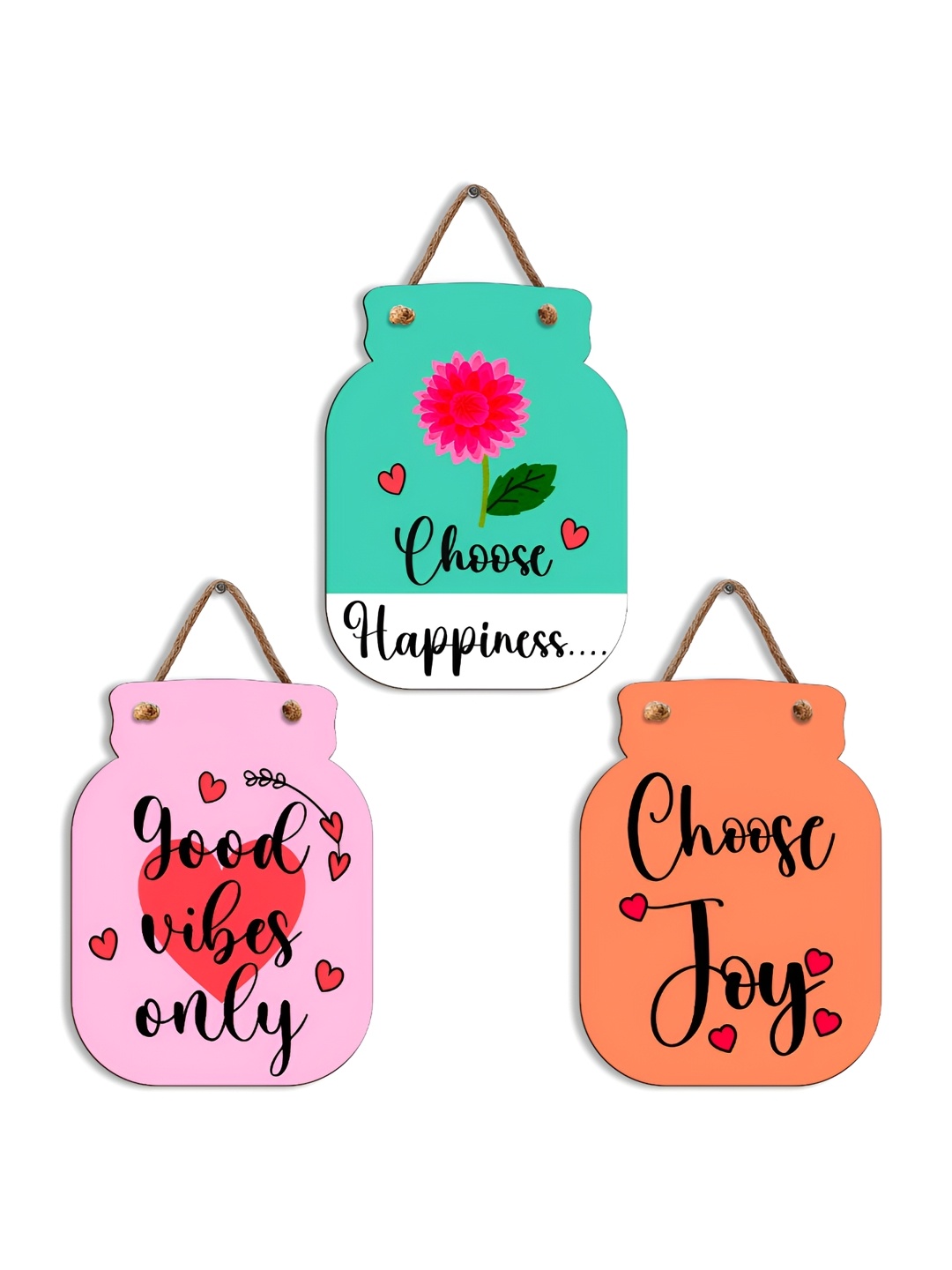

SEHAZ ARTWORKS Green & Pink 3 Pieces Printed Wooden Wall Hangings