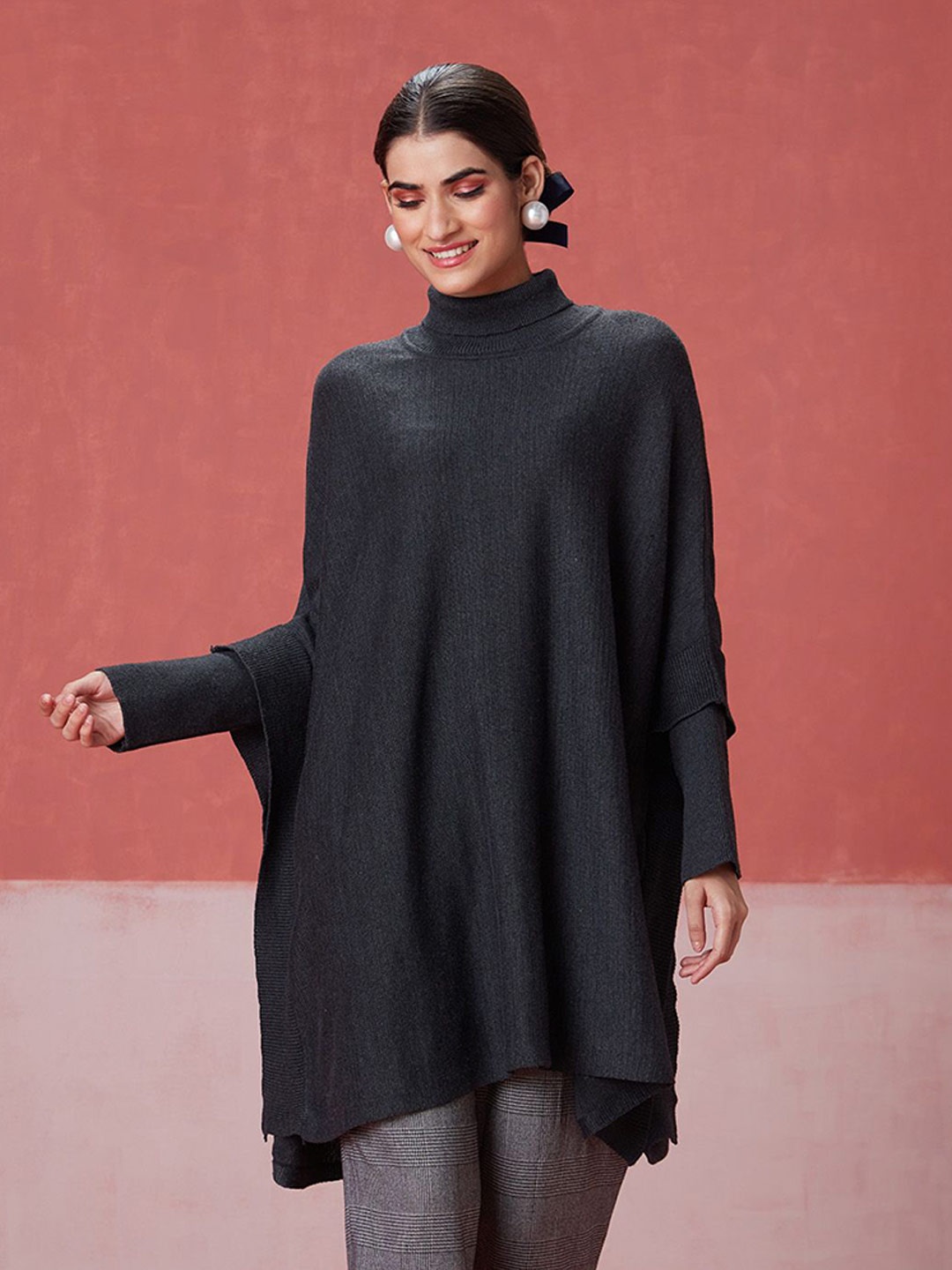 

Likha Women Turtle Neck Poncho Pullover, Black