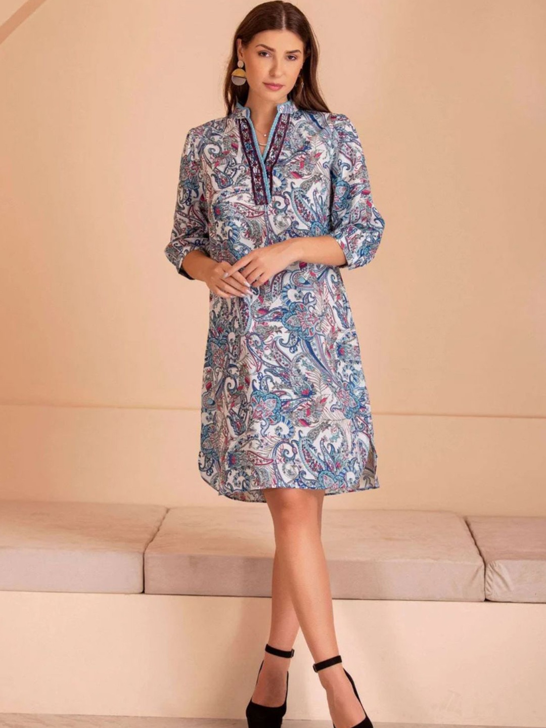 

DESIGNS BY QUEEN BEE Women Cotton Mandarin Collar Floral Print A-Line Dress, Blue